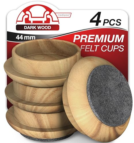 Medipaq Felt Castor Cups – 4x Small 44mm Dark Wood Grain – Protects Wooden & Smooth Floors – Chair & Furniture Leg Protectors