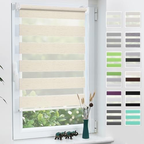 Grandekor Doppelrollo Klemmfix ohne Bohren 45x130 cm (Stoffbreite 45 cm) | Leinen Fenster Rollos für innen Klemmrollos Duo Rollo Sichtschutz Hitzeschutz feuchtbeständig für Büro einfache Montage
