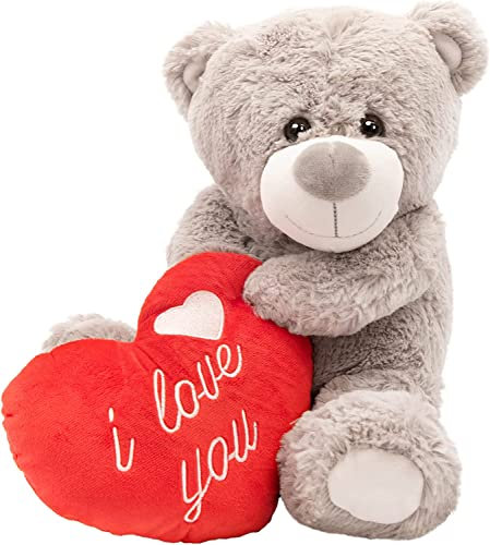 I Love You Teddy Bear Valentines Day Present Large 16/41cm Soft Grey Plush Toy Holding Red Love Heart with 'I Love You' Embroidery - Perfect for Valentines - Mother's Day