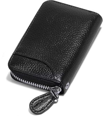 Credit Card Holder Small RFID Blocking Ladies Wallet with Stainless Steel Zipper Excellent Genuine Leather Accordion Wallets Case for Mens and Womens id Compact Slim Blocked Zip Accordian Cards Black