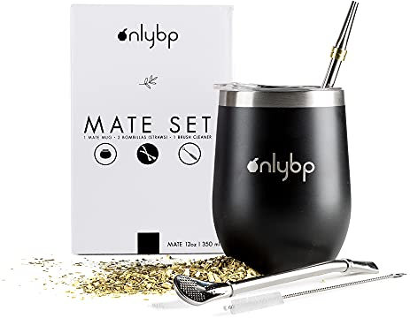OnlyBP® Mate Argentino Kit Yerba - Incluye 2 Bombillas, Cepillo de Limpieza y Vaso de Acero Inoxidable (Negro)