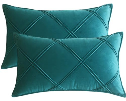 Lutanky Peacock Green Velvet Cushion Covers Decorative Rectangle Throw Pillow Covers Checked Design Elegant Pillowcases for Sofa Bed Living Room 12x20 Inch 30 x 50 cm Set of 2