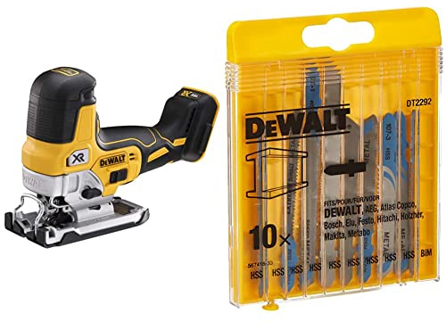 Dewalt DCS335NT-XJ Akku-Stichsaege, 18 V (Basisversion ohne Akku und Ladegerät) + DeWalt HSS Stichsägenblätter, 10 Stück (für Metall) DT2292