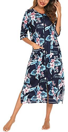 Rubehoow Women's Zipper Robe Short Sleeve Round Neck Long Bathrobe with Pockets (Blue Leaf,L)