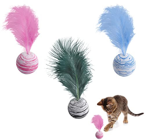 Zhongtou 3 Stück Katzenspielzeug Feder Selbstbeschäftigung Ball mit Feder Interaktives Katzen Spielzeug Katzenball Cat Toy Ball Für Kätzchen Innenbereich Kautraining Jagd Sachen Bälle Bunte