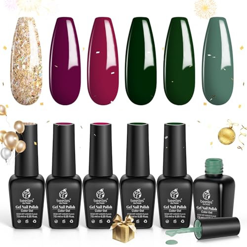 beetles Gel Polish Set 6 Colors Tipsy Jazz Vibrant Emerald Green Red Burgundy Golden Glitter Set Gel Polish Soak Off Gel Nail Art Beauty Gift Set