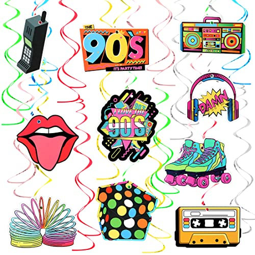Aurasky 90er Thema Party Dekorationen, 32pcs 90er Jahre Deko Luftschlangen HäNgende Wirbel Party Decken Deko, Bunte 90er Rückblick Geburtstag Party Neon Rock Hippie Zubehör Disco Retro Partybedarf