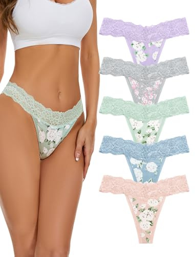 VOENXE Lace Seamless Thongs Underwear Women,No VPL Knickers,Cotton Blend | No Show Comfortable Soft Laser Cut Panties,Multipack Invisible Ladies Breathable Pants,Brazilian Lacy Gym G String,5 Pack