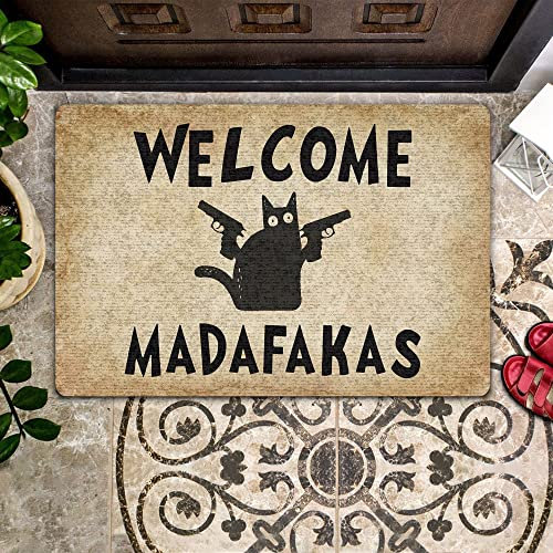 Strunt Fußmatte für Vorder- und Hintertür, Motiv: Welcome Madafakas, Katzenliebhaber, Heimdekoration, Willkommens-Fußmatte, 40 x 60 cm