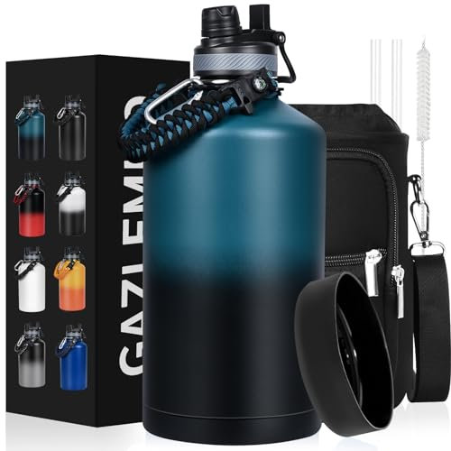 GAZLEMHO 1 Gallon Water Bottle Insulated, Leak Proof 128 oz Stainless Steel Water Jug with Straw/Spout 2-in-1 Lid, Sleeve, Paracord Handle, Silicone Boot, One Gal Metal Canteen for Gym Sport Camping