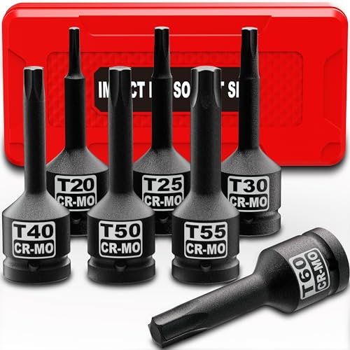 KIRXST 3/8 Inch Impact Torx Bit Socket Set, T20 - T60, 7 Piece 3/8 Drive Impact Star Bit Socket Set