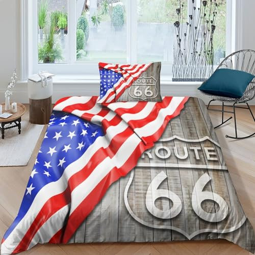 CRJUS Route 66 und USA-Flagge aus vertikalem Holz Kuscheliges 2 Teilig Bettwäsche-Set Mit 3D Motiv Bettwäsche Jahrestag Single(135x200cm)
