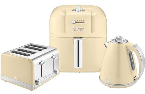Swan Retro Kitchen Set, 1.5L Fast Boil Kettle & 4 Slice Toaster & Retro 6L Manual Air Fryer, Cream, SK19020CN, ST19020CN, SM22030LCN