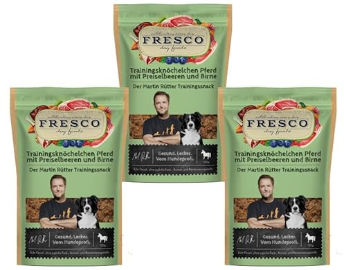Fresco Martin Rütter Trainingsknöchelchen | Natürlicher Monoproteinsnack aus reinem Pferdefleisch mit Preiselbeeren und Birne | 3er Pack | 3 x 150 g | Leckerer Snack für Hunde
