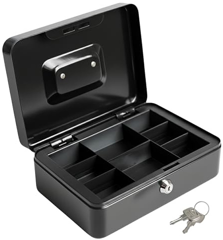 Luxtrous Money Box, 8 Inch Lockable Cash Box With 2 Keys, Money Tin With Removable Tray, Petty Cash Deposit Tin, Easy to use & Strong metal box (Black)