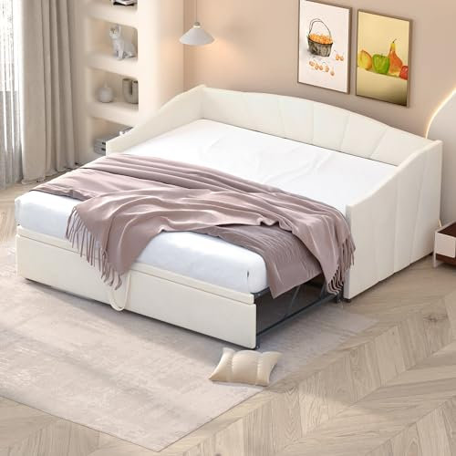 Dolamaní Schlafsofa 90/180x200 cm für Erwachsene 2 Personen, Ausziehbett gleiche höhe Bett Ausziehbar zum Doppelbett, Multifunktionsbett aus hautfreundlichem Samtstoff (Beige)