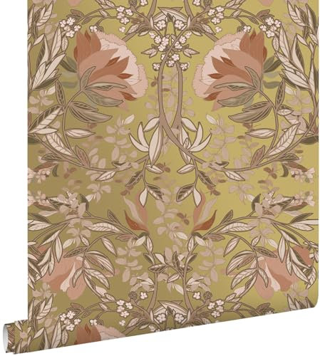 papier peint fleurs vintage de style art nouveau or et rose terracotta 0.53 x 10.05 m - ESTAhome