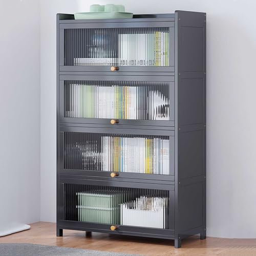 GLJTUO Figurenvitrine/Vitrine, Vitrine Für Sammlerstücke Mit Hochklappbarer Tür, Wohnzimmervitrine, Lego-Vitrine, Rahmen Aus Natürlichem Bambus, Sicher Und Gesund,Gray4f-60cm/23.6in