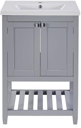 infirack Badmöbel Einzel Waschtisch mit Unterschrank 60cm mit Keramik-Waschbecken