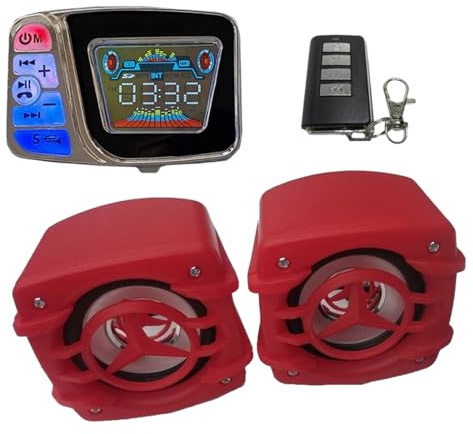 DHsdlpLU Motorrad Audio Stereo Lautsprecher Wasserdicht für Roller Fm Radio Bluetooth USB TF MP3 Musik Player Kit Telefonaufladung Zum Aufladen,Red