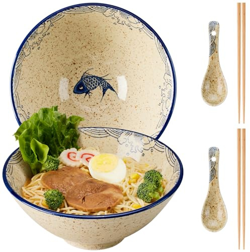 Japanisches Ramen Schüssel Set 2-teilig, 1200ml Große Keramik Nudelschalen mit Essstäbchen und Löffel, Mikrowellen- & Spülmaschinengeeignet, Perfekt für Pho,Suppe (Koi-Fisch-Set (2-teilig))