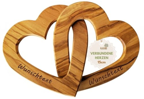 Kassis Geschenkartikel Cuori uniti in legno d'olivo – Regalo per coppia, matrimonio, anniversario e San Valentino – Incisione personalizzata, 15 cm