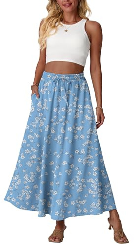 QIXING Women's Long Flowy Maxi Skirt High Waisted Boho Summer A-Line Skirts for Women UK Elasticated Waist with Pockets