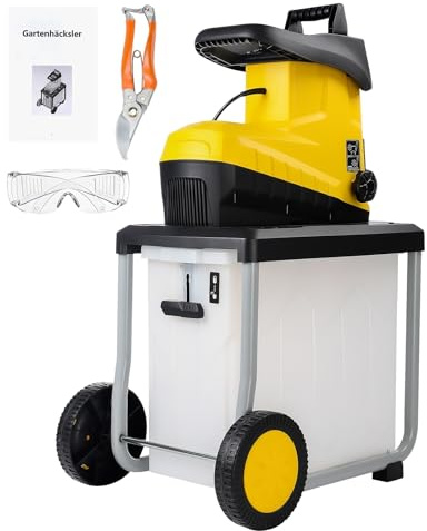 Elektro Gartenhäcksler Walzenhäcksler 3200W, max. 45 mm Aststärke, 60 L Fangbox, Leisehäcksler inkl. Gartenschere & Schutzbrille