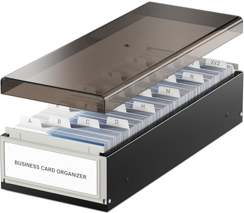 MaxGear Business Card Holder for Desk, Large Plastic Business Card Organizer Box, Credit Cards Holder File Box Storage, Capacity: 800 Cards (3.5” x 2.2”), A-Z Tabs, Metal Structure, Black