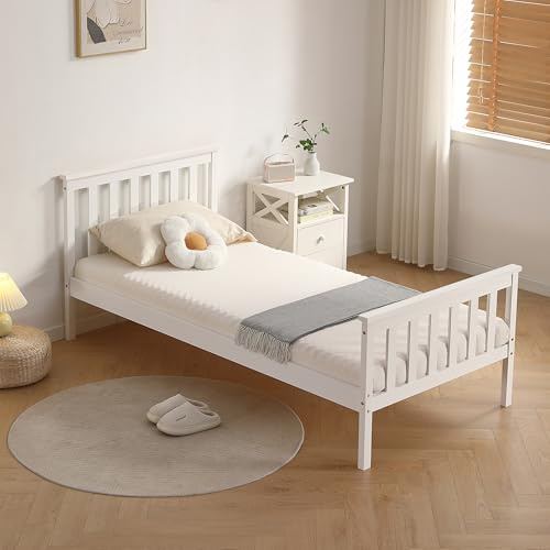 Comfy Living 3ft Single Bed Frame with Mattress, Solid Pine Wooden Bed for Adults Kids Teenagers, Atlantis Style, White