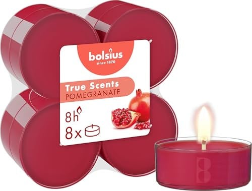 bolsius True Scents – 8 Teelichter Maxi Duft – Granatapfel – Lange Brenndauer 8 Stunden – Natürliche Extrakte – Veganes Wachs – Ohne Palmöl