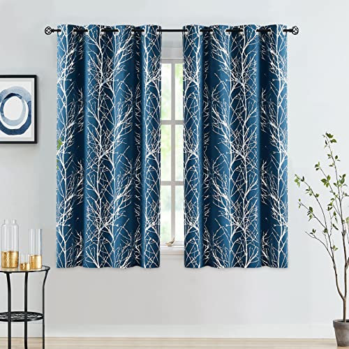 FMFUNCTEX Blau Silber Blickdichte Vorhänge Metallic Zweig Muster Verdunkelungsvorhänge mit Ösen Thermovorhang Hitzeschutz Gardinen für Wohnzimmer Schlafzimmer 2er Set, 175 x 132 cm (H x B)