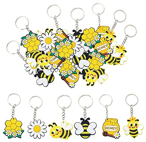 Keboyoe 30pcs Bee Keychain Cute Mini Keyrings Silicone Cute Honeycomb Flower Bee Honey Pots Keychain Decoration for Kids Party Favors Supplies,Children Birthday Party Bag Fillers