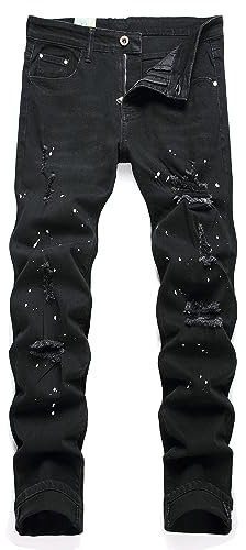 TMMMT Men's Fashion Washed Perforated Elastic Slim Fit Jeans, Black, 32