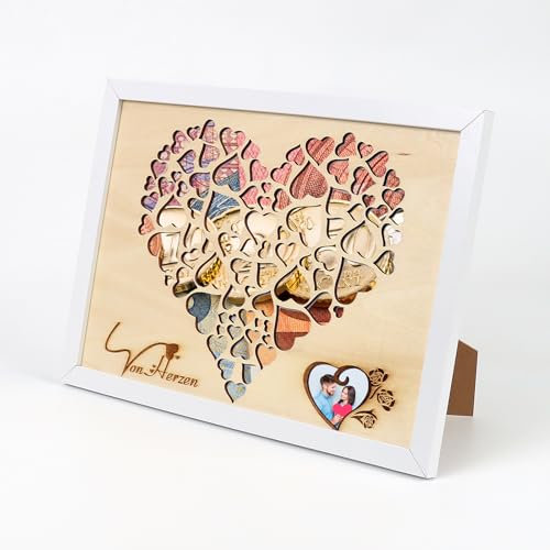 TRUEIN Hochzeitsgeschenk Geld Fotorahmen, Geld Geschenk mit Herz Motiv im Fotorahmen, Personalisierte Holz Hochzeitsgeschenk für Geburtstag, Jubiläum, Valentinstag, Geld Geschenk Ideen