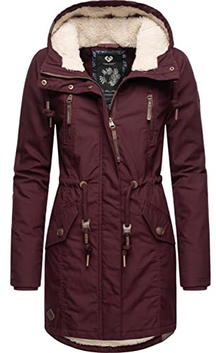 Ragwear Damen Mantel Lange warme Winterjacke mit Teddyfell-Kapuze Elsie Intl Wine Red22 Gr. 5XL