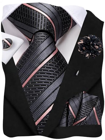 Hi-Tie Herren-Krawatte, Reversnadel-Set, Einstecktuch, Manschettenknöpfe, gewebte Seidenkrawatten für Männer, Hochzeit, formelle Anlässe, Schwarz-rosa gestreifte Punkte, M