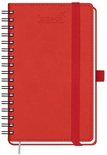 BEZEND Taschenkalender 2025 beginnt von jetzt bis DEC 2025 Wochenplaner 15,5 x 9 cm, Spiralbindung, Mitteljahres-Terminplaner mit Stifthalter, PU-Leder-Softcover, Rot