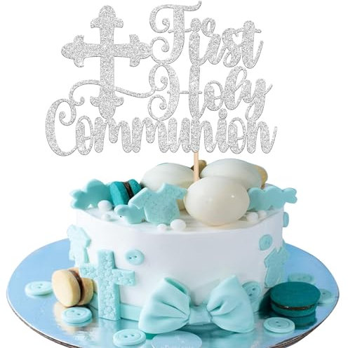 Xsstarmi 1 Pack First Holy Communion Cake Topper Glitter Silver Cross Cake Pick Decoration for God Bless Christian Baptism Baby Shower Birthday Party Cake Decorations Supplies