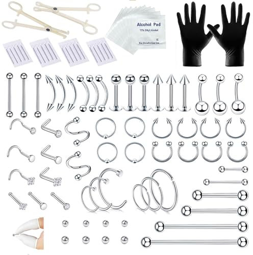 Annizhty 95Pcs Mixed Piercing Kit for All Piercings 12G 14G 16G 20G Stainless Steel Piercing Needles Tools for Nose Septum Cartilage Nipple Lip Belly Button Tongue Helix Piercing Jewelries Kit
