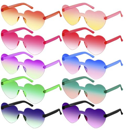 SelfTek 10 Stück Farbverlauf Herz Sonnenbrille, Magische Farben Party Herz Brille, Hippie Brille, Lustige Partybrillen für Fasching Foto Requisiten Geburtstagsfeier für Kinder und Erwachsene