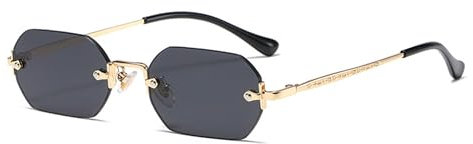 QVKUUT Rechteckig sonnenbrille rahmenlose sonnenbrille Mode Retro Rechteck Brille für Damen Herren (Gold/Schwarz, Schwarz)