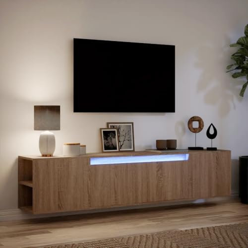 Canditree Meuble TV Suspendu avec Lumière LED, 180cm étagère TV Murale avec Rangement Meuble TV Flottant avec 2 Portes (chêne Marron)