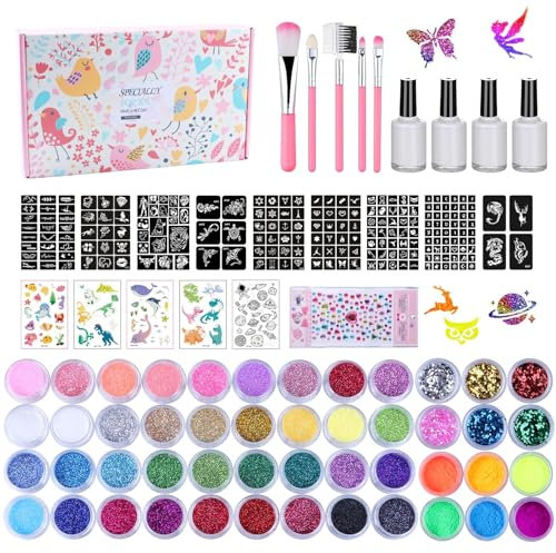 Kit Tatouage Paillettes pour Enfants, LCDGTJ 48 Couleurs, 209 Pochoir, 4 Colle, 5 Pinceaux, Tatouage Éphémère Imperméable, idéal Cadeau pour Maquillage Cosplay, Carnavals, Fêtes et Anniversaires