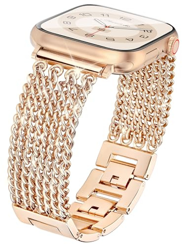 Aniaboho Kompatibel mit Apple Watch 10 Armband 42mm(Series 11/10) 40mm 41mm 38mm, Quastenkette Damen Metall iWatch Armband für Apple Watch Ultra SE 11 10 9 8 7 6 5 4 3 2 1,Schmuck für Fraue,RoséGold