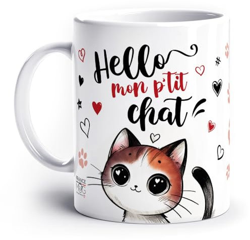 France Mug - 'Hello Mon P'tit Chat' - Café Thé Idée Cadeau Original Anniversaire Saint-Valentin Amour Couple Maison Déco