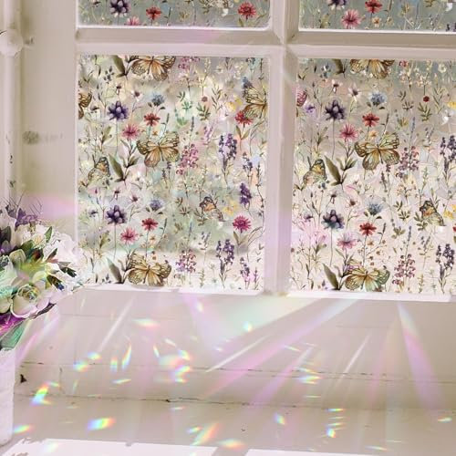 ChicSkin fensterfolie Blickdicht, Fensterfolie bunt Schmetterling Wildblumen, Fensterfolie sichtschutz, Regenbogen Folie Fenster, Fensterdekoration Geeignet für Wohnzimmer und Schlafzimmer 43X100CM