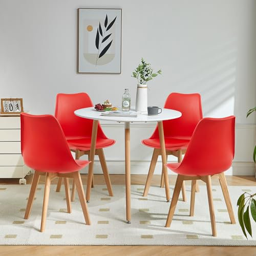 LafeuR Esstisch mit 4 Stühlen Essgruppen, Esszimmergruppe 80cm Runder Küchentisch und Esszimmerstühle Möbelsets für Wohnzimmer Büro Küche(Weiß Tisch+4 Rot Stühle)