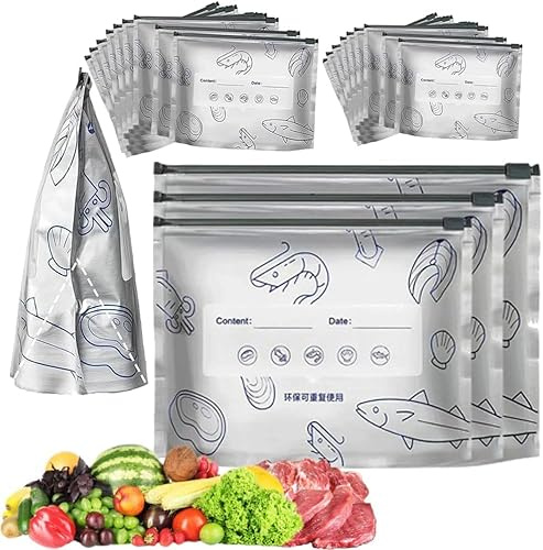 Re-sealable Aluminium Foil Cooler Pouches, Frozen Meat Long Lasting Freshness,Food Storage, Sealable Food Bags with Label and Zip Lock Cooler Pouches for Meat, Vegetables, Milk, Sandwiches,30PC