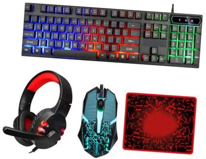 BESPORTBLE USB Wired Keyboard Mouse Headset Mousepad Combo with Colorful Backlit Ergonomic Design Plug and Play Computer Accessories for Gaming and Office Use